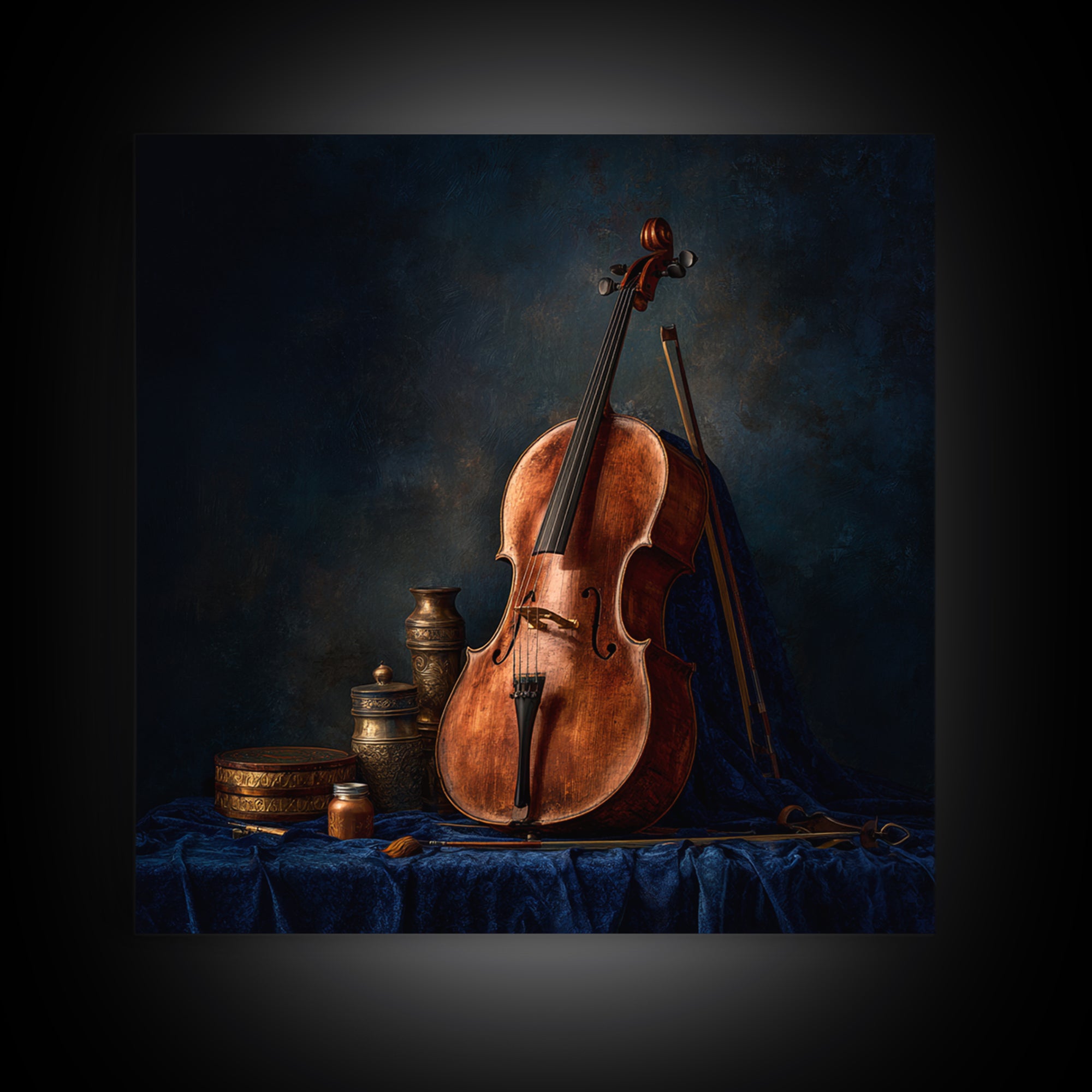 Cello Leaning Against Dark Velvet Backdrop Canvas Print, Music Studio Art, Textured Painting, Studio Decor, Fine Art, Rhythm, MSA-1x1-81