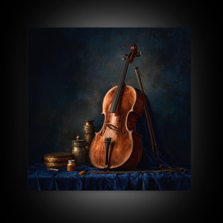 Cello Leaning Against Dark Velvet Backdrop Canvas Print, Music Studio Art, Textured Painting, Studio Decor, Fine Art, Rhythm, MSA-1x1-81