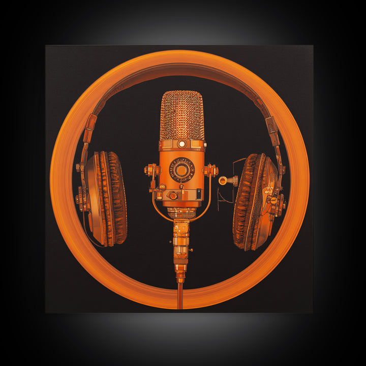 Headphones Around a Glowing Record Framed Canvas Print, Music Studio Art, Statement Artwork, Studio Decor, Fine Art, Rhythm, MSA-1x1-83
