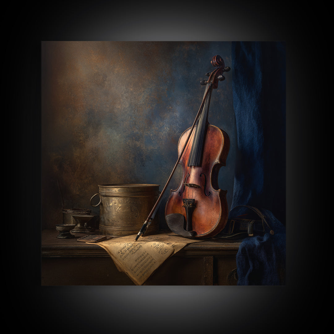 Violin and Bow Framed Canvas Print, Music Studio Art, Textured Painting, Studio Decor, Fine Art, Rhythm, Custom Painting, MSA-1x1-88