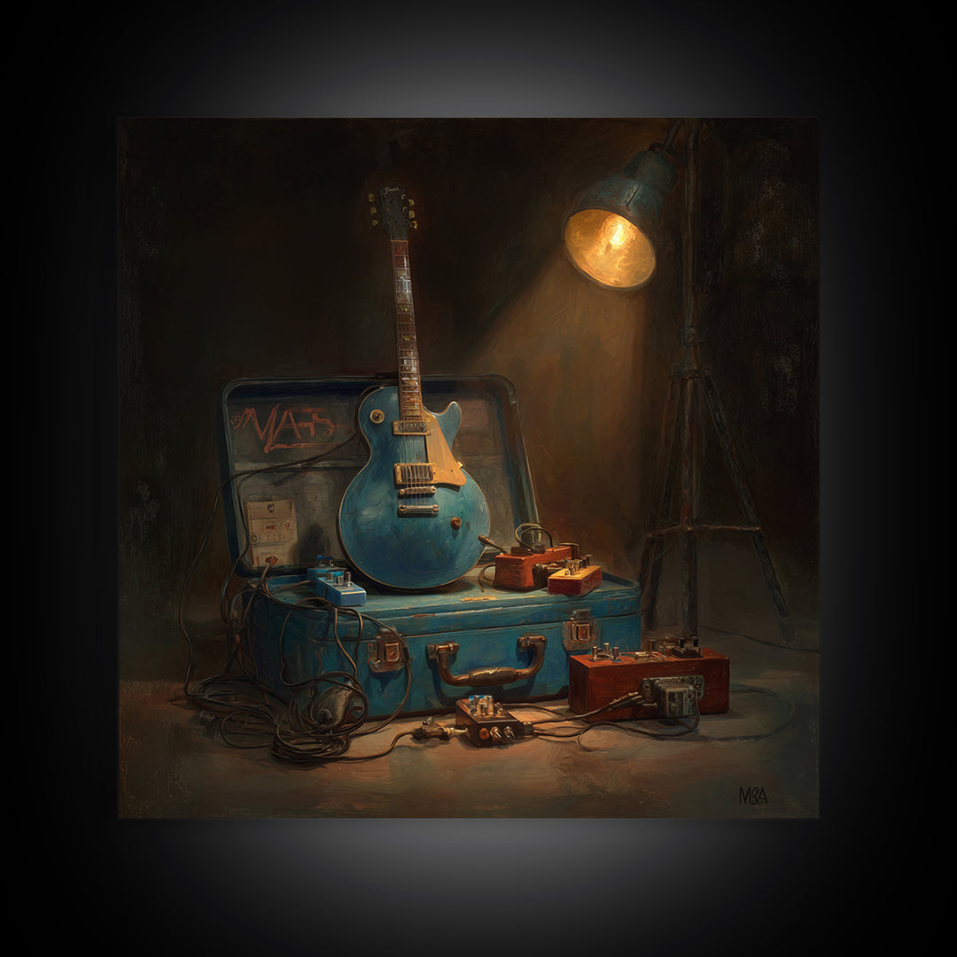 Electric Guitar Pedals and Cables Graphic Art Framed Canvas Print, Music Studio Art, Luxury Decor, Studio Decor, Oil Painting, MSA-1x1-93
