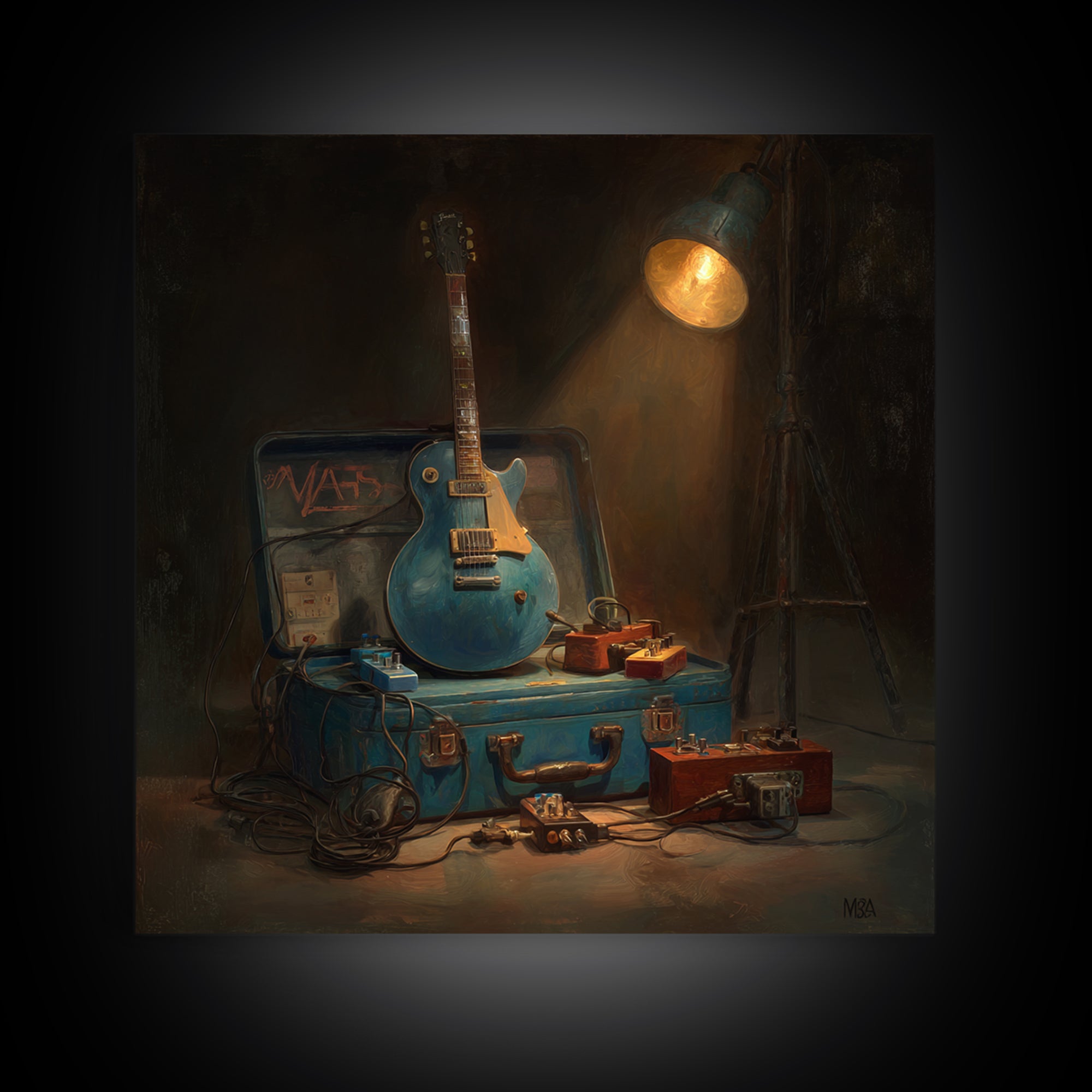 Electric Guitar Pedals and Cables Graphic Art Framed Canvas Print, Music Studio Art, Luxury Decor, Studio Decor, Oil Painting, MSA-1x1-93