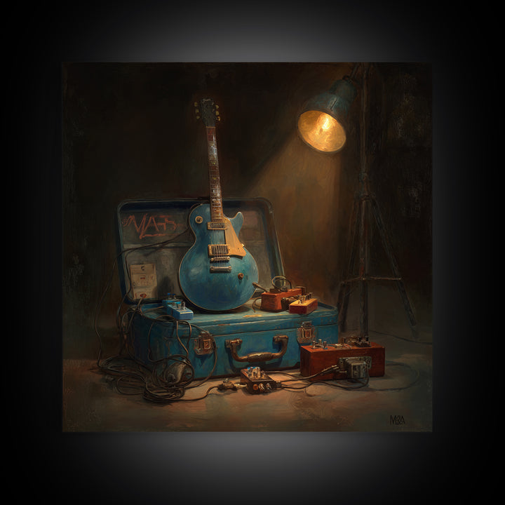 Electric Guitar Pedals and Cables Graphic Art Framed Canvas Print, Music Studio Art, Luxury Decor, Studio Decor, Oil Painting, MSA-1x1-93