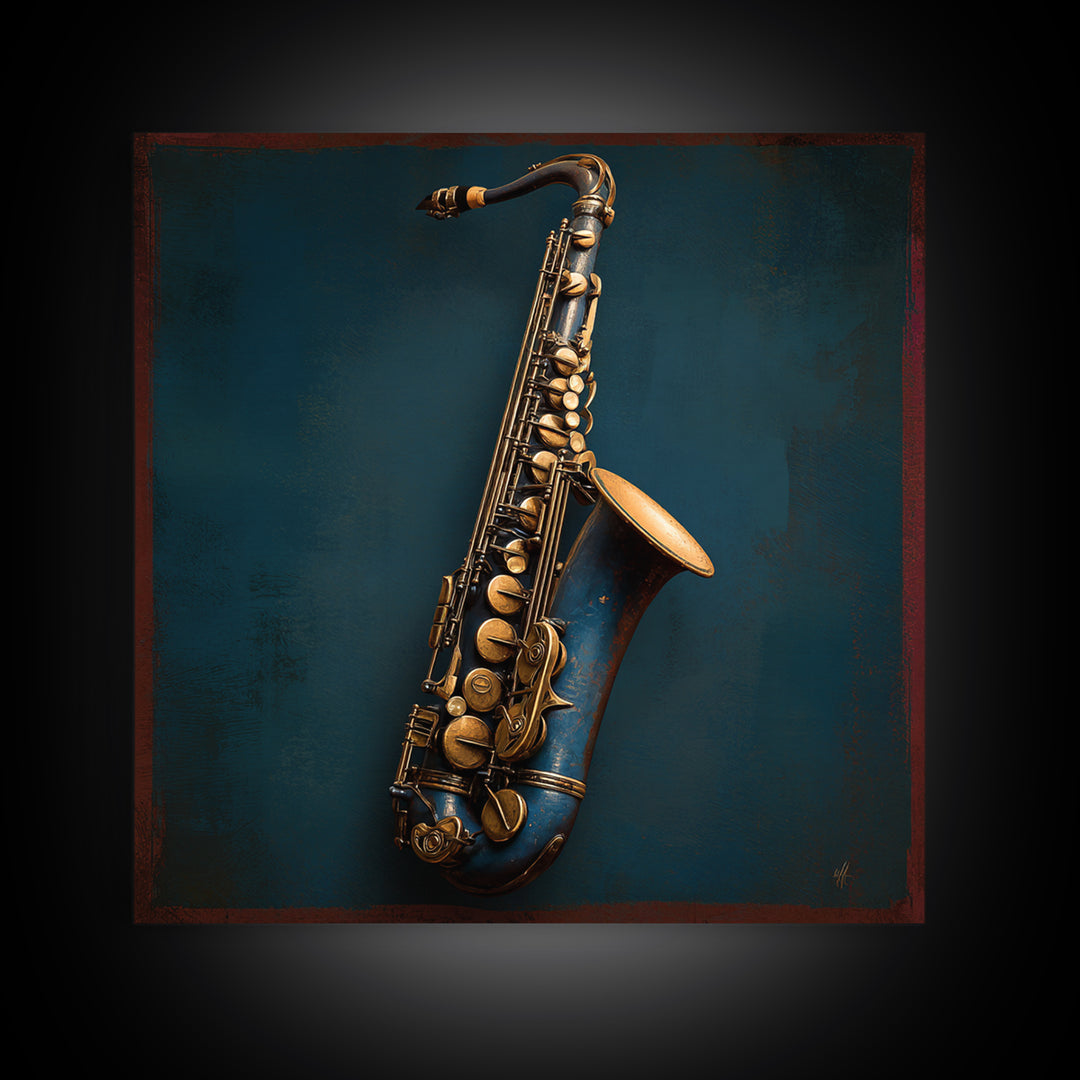 Jazz Saxophone with Smoky Blue Background Canvas Print, Music Studio Art, Boho Decor, Studio Decor, Fine Art, Rhythm, MSA-1x1-98