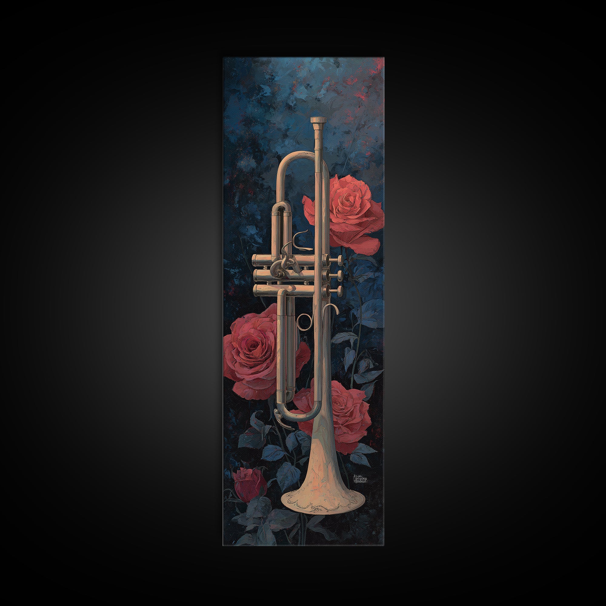 Trumpet and Roses Framed Canvas Print, Music Studio Art, Luxury Decor, Studio Decor, Fine Art, Rhythm, Art Commission, MSA-1x3-20