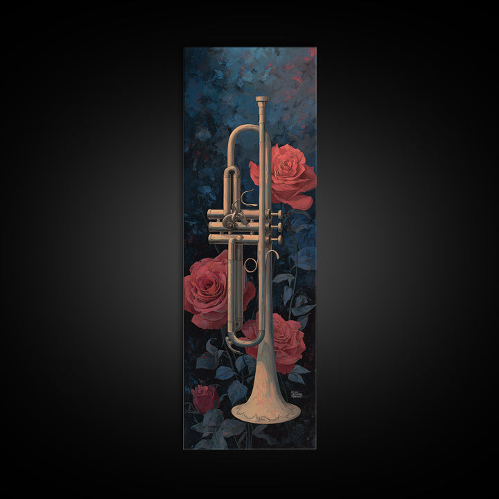 Trumpet and Roses Framed Canvas Print, Music Studio Art, Luxury Decor, Studio Decor, Fine Art, Rhythm, Art Commission, MSA-1x3-20