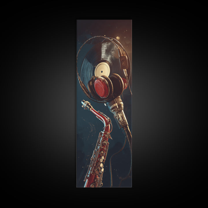 Headphones Around a Glowing Record Canvas Print, Music Studio Art, Music, Studio Decor, Fine Art, Rhythm, Digital Download Art, MSA-1x3-23