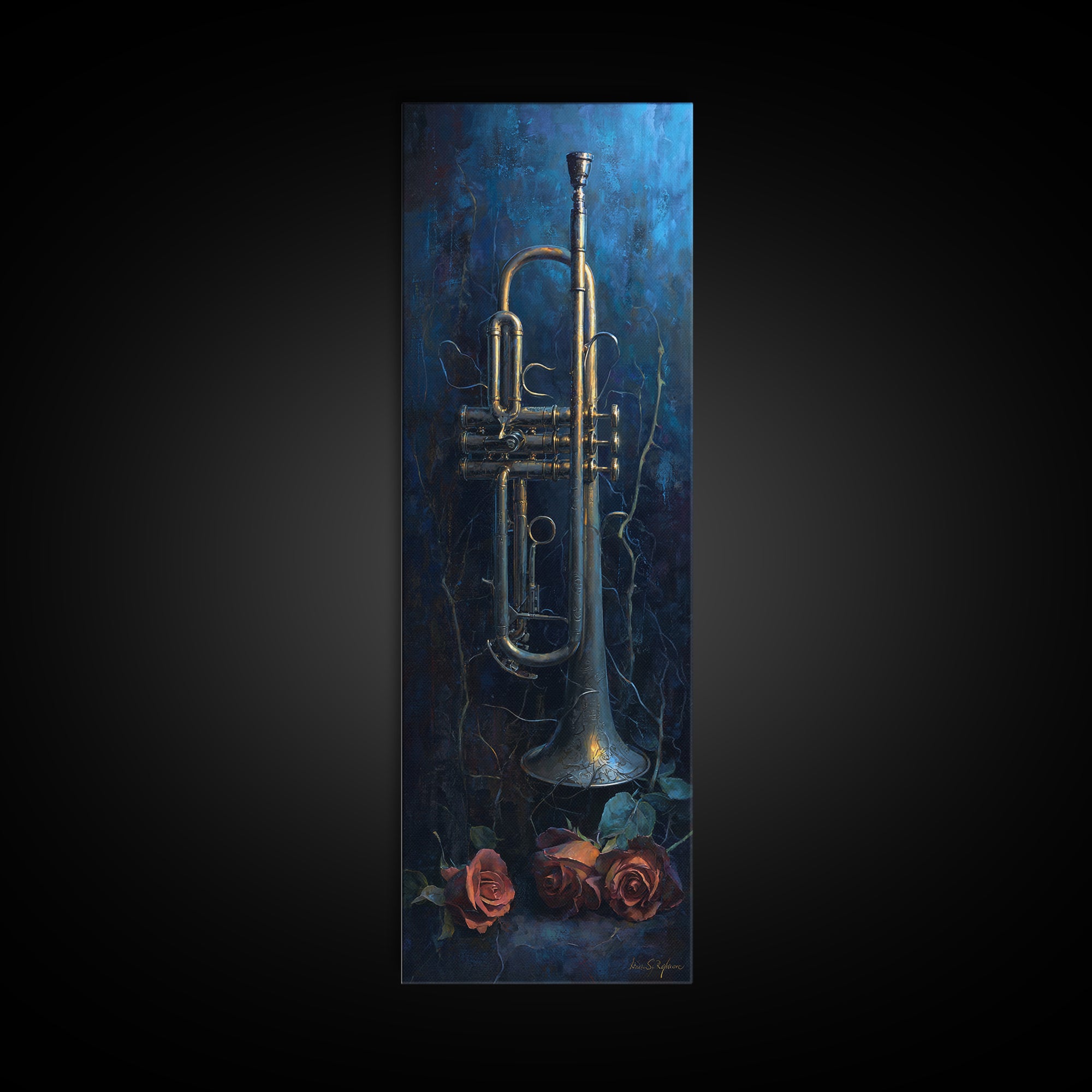 Trumpet and Roses Canvas Print, Music Studio Art, Contemporary Art, Studio Decor, Rhythm, Music Poster, Trendy Wall Art, MSA-1x3-44