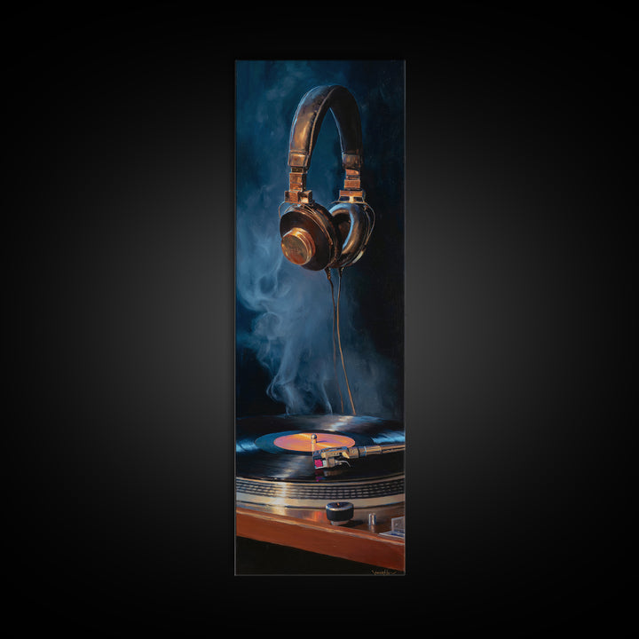 Headphones Around a Glowing Record Framed Canvas Print, Music Studio Art, Custom Painting, Studio Decor, Fine Art, Rhythm, MSA-1x3-47