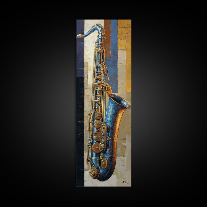 Jazz Saxophone with Smoky Blue Background Framed Canvas Print, Music Studio Art, Neutral Decor, Studio Decor, Fine Art, Rhythm, MSA-1x3-62
