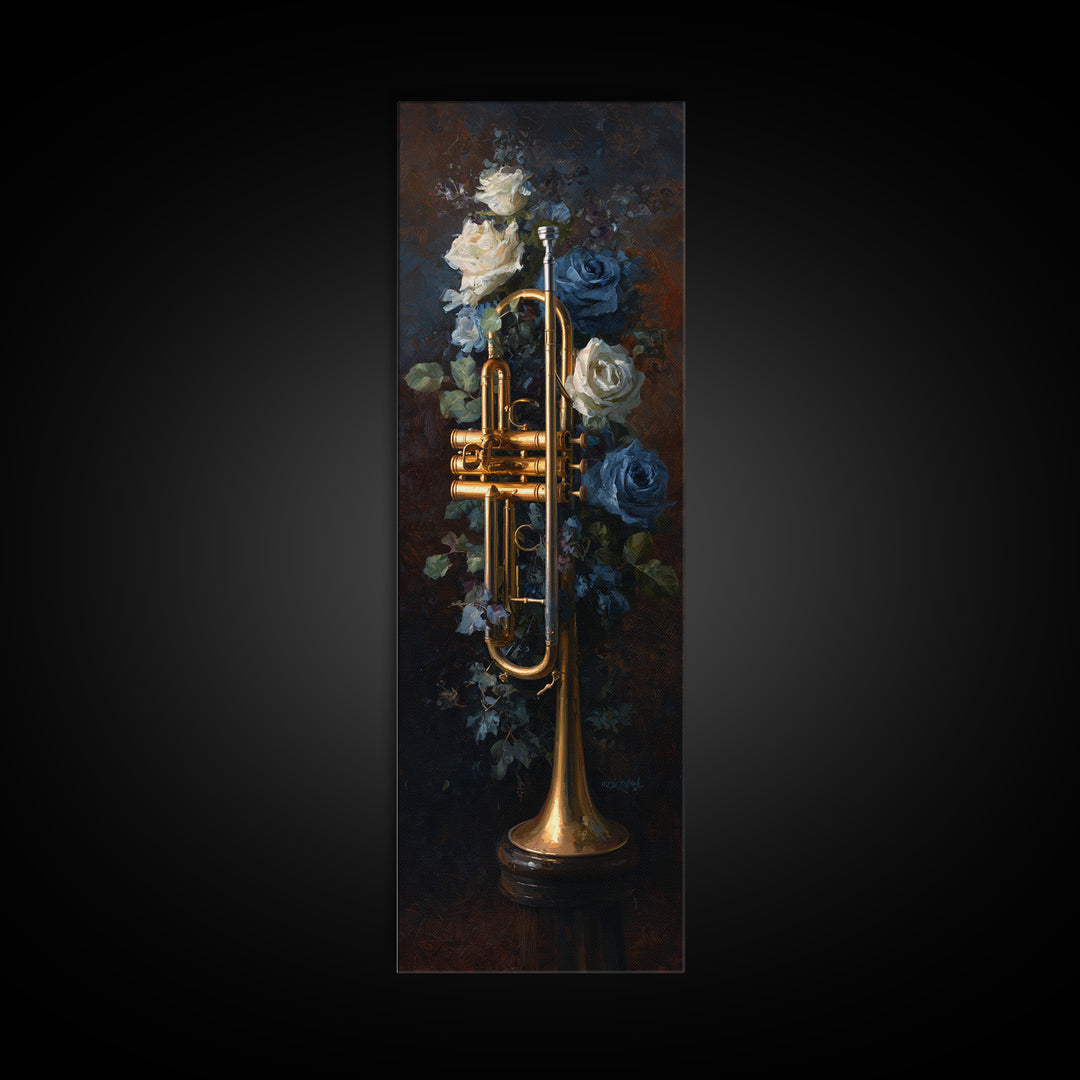 Trumpet and Roses Canvas Print, Music Studio Art, Scripture Wall Art, Studio Decor, Fine Art, Rhythm, Travel Wall Art, MSA-1x3-68