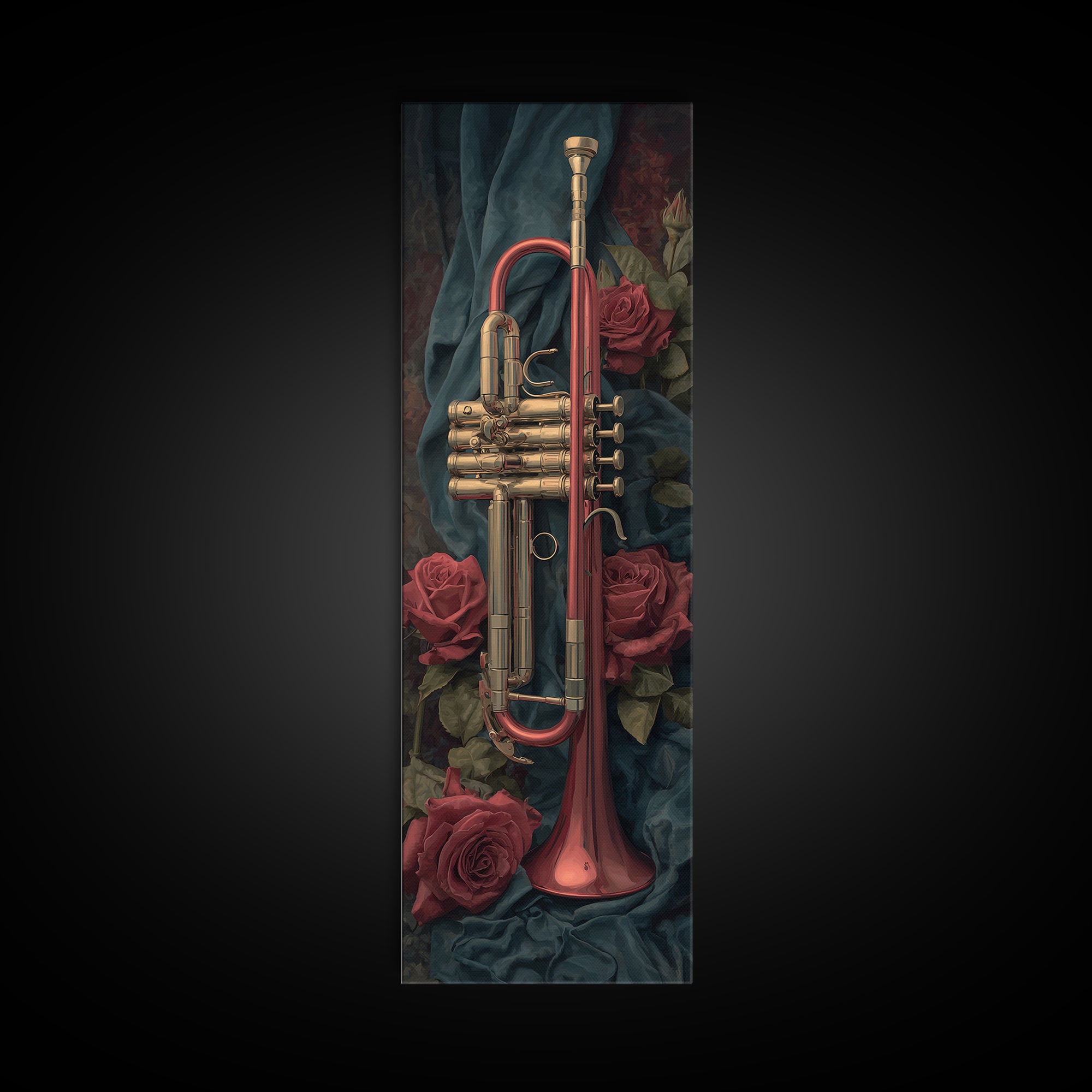 Trumpet and Roses Framed Canvas Print, Music Studio Art, Painting from Photo, Studio Decor, Rhythm, Gifts for Musicians, MSA-1x3-92
