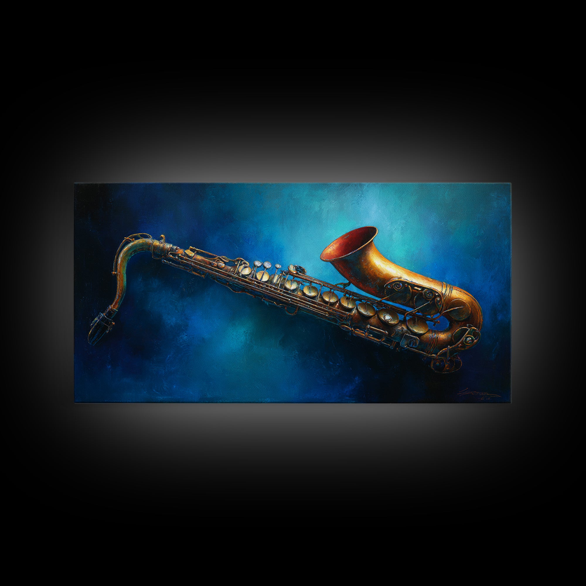 Jazz Saxophone with Smoky Blue Background Canvas Print, Music Studio Art, Boho Decor, Studio Decor, Fine Art, Rhythm, MSA-2x1-22