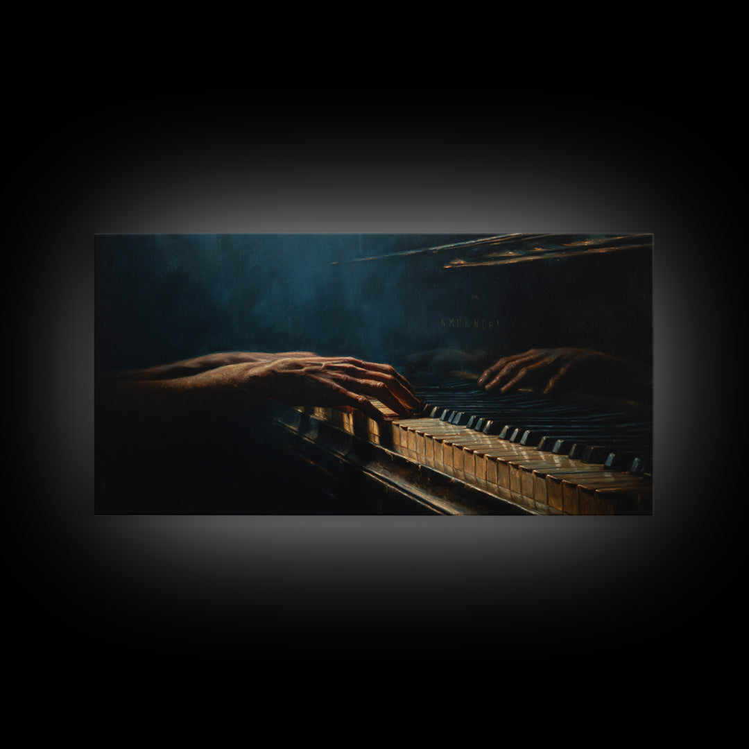 Piano Keys with Hands in Cinematic Shadow Framed Canvas Print, Music Studio Art, Home Decor, Studio Decor, Fine Art, Rhythm, MSA-2x1-25