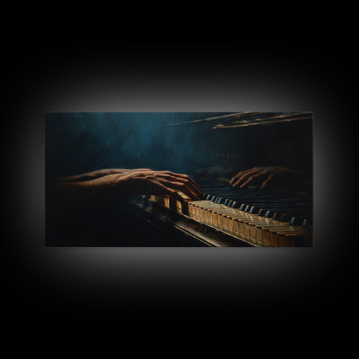 Piano Keys with Hands in Cinematic Shadow Framed Canvas Print, Music Studio Art, Home Decor, Studio Decor, Fine Art, Rhythm, MSA-2x1-25
