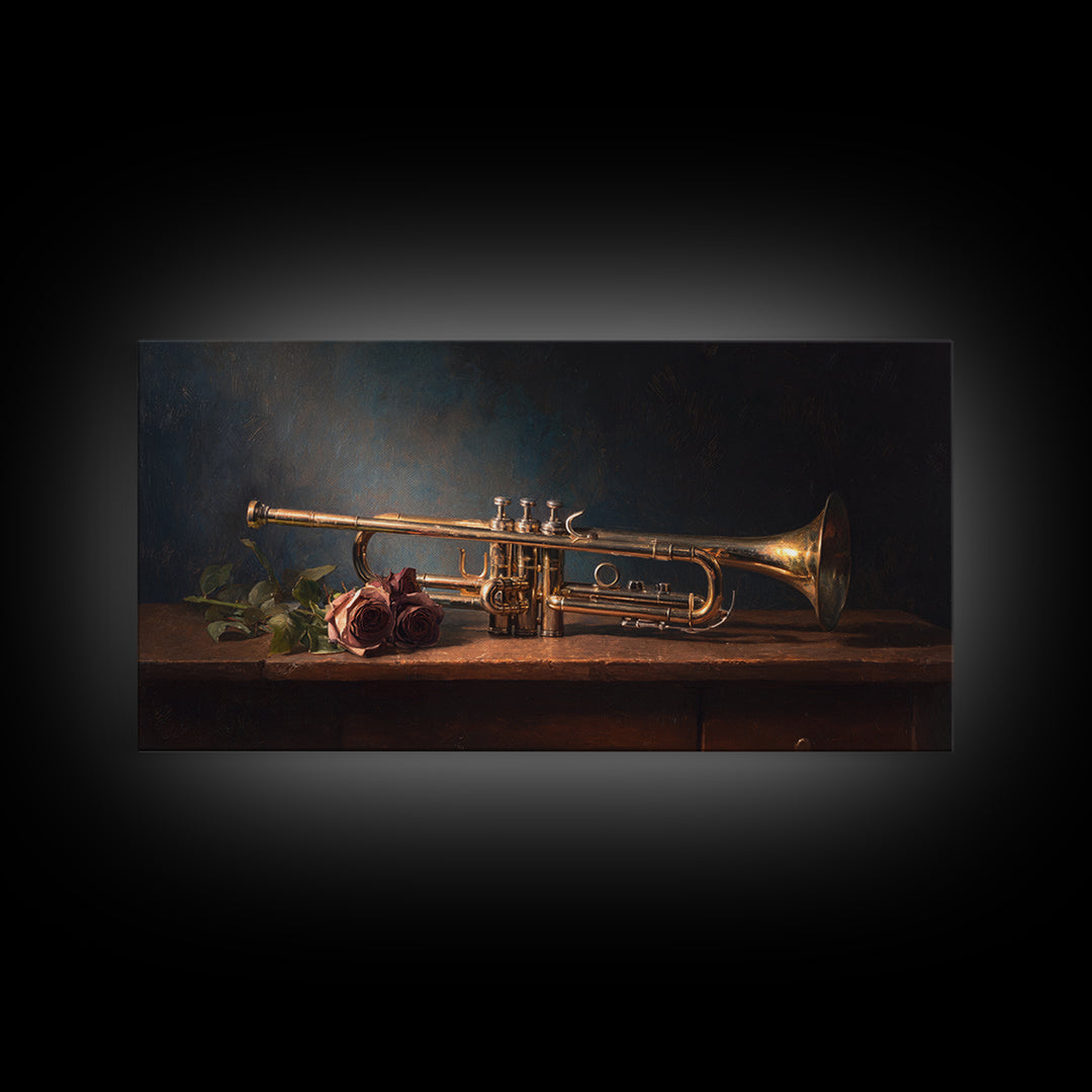 Trumpet and Roses Framed Canvas Print, Music Studio Art, Minimalist Decor, Studio Decor, Fine Art, Rhythm, Scripture Wall Art, MSA-2x1-28