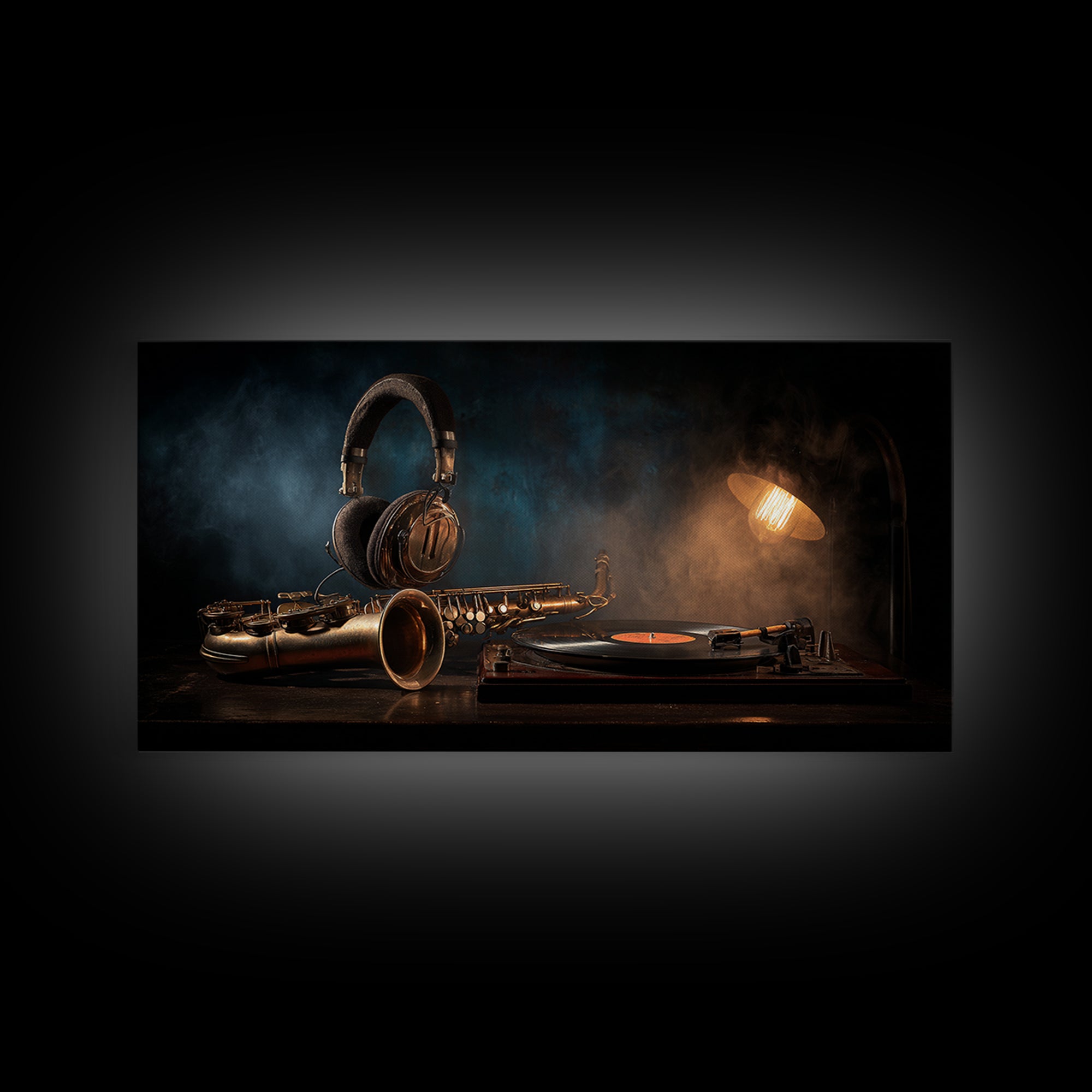 Headphones Around a Glowing Record Canvas Print, Music Studio Art, Printable Art, Studio Decor, Fine Art, Rhythm, Music Art, MSA-2x1-31