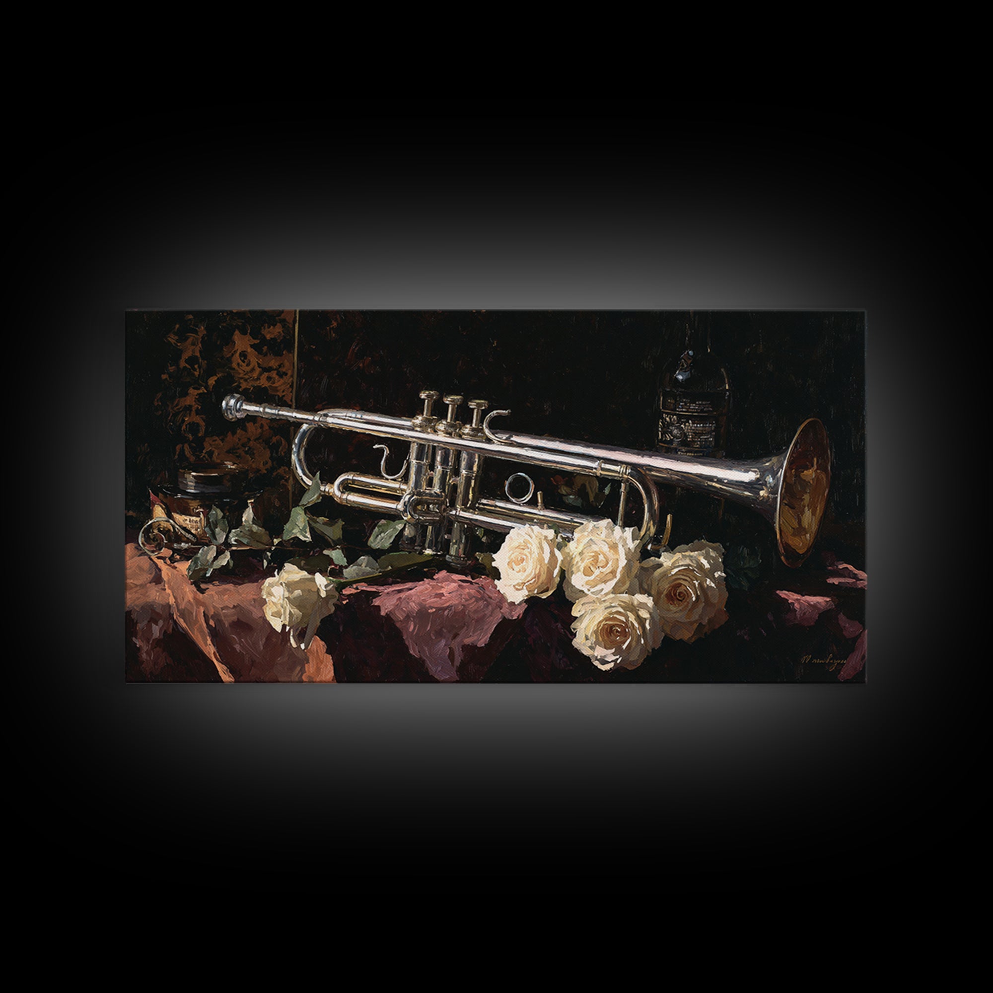 Trumpet and Roses Canvas Print, Music Studio Art, Printable Wall Art, Studio Decor, Fine Art, Rhythm, Painting from Photo, MSA-2x1-52