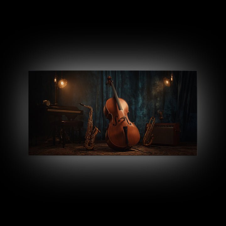 Cello Leaning Against Dark Velvet Backdrop Canvas Print, Music Studio Art, Printable Art, Studio Decor, Oil Painting, Rhythm, MSA-2x1-53