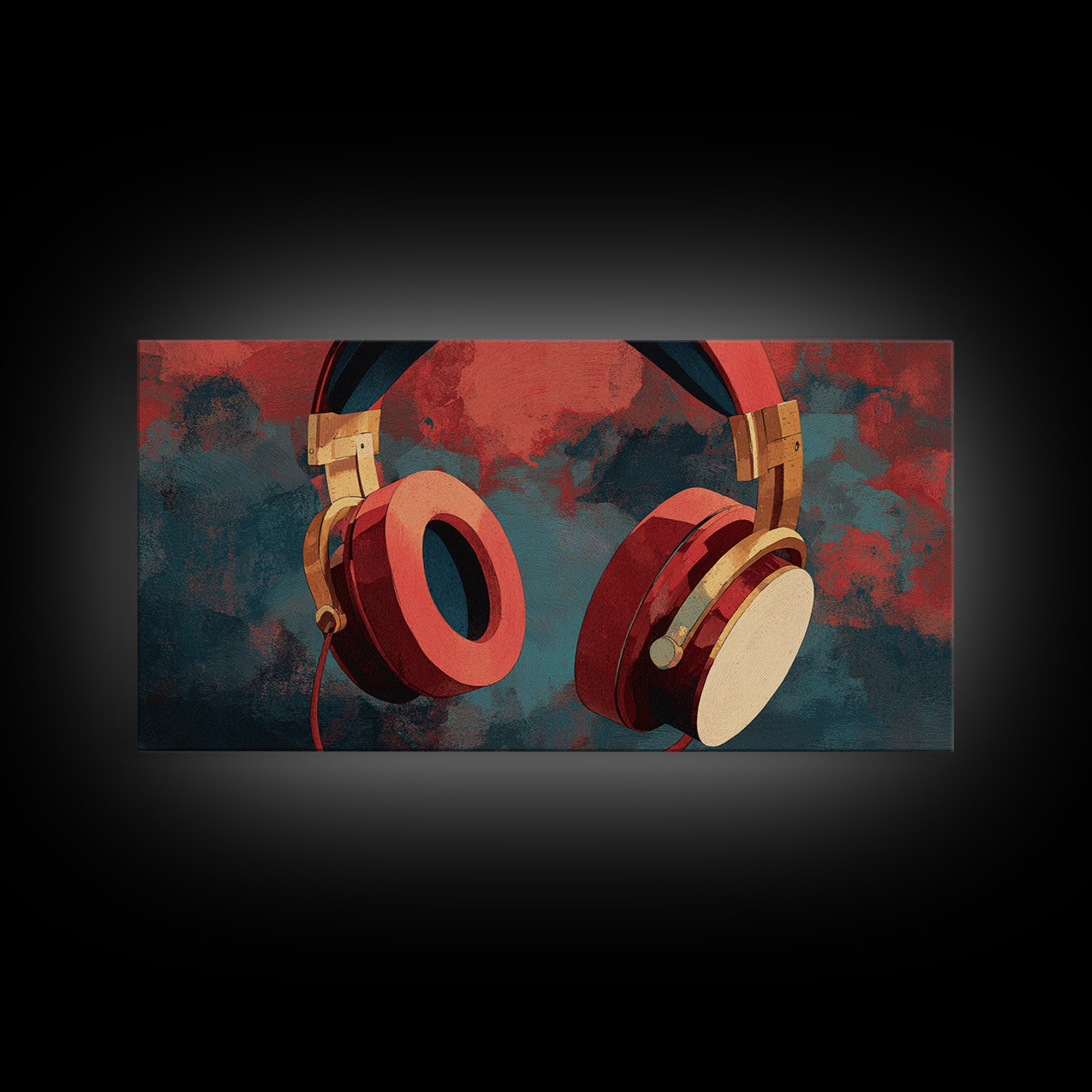 Headphones Around a Glowing Record Framed Canvas Print, Music Studio Art, Wall Decor, Studio Decor, Fine Art, Rhythm, MSA-2x1-7