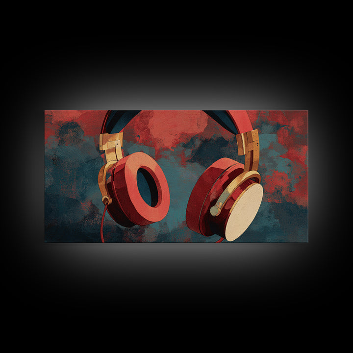Headphones Around a Glowing Record Framed Canvas Print, Music Studio Art, Wall Decor, Studio Decor, Fine Art, Rhythm, MSA-2x1-7