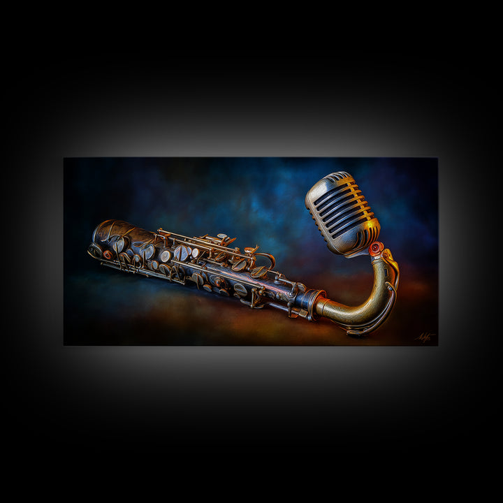 Microphone Portrait with Golden Spotlight Framed Canvas Print, Music Studio Art, Boho Decor, Studio Decor, Oil Painting, Rhythm, MSA-2x1-75