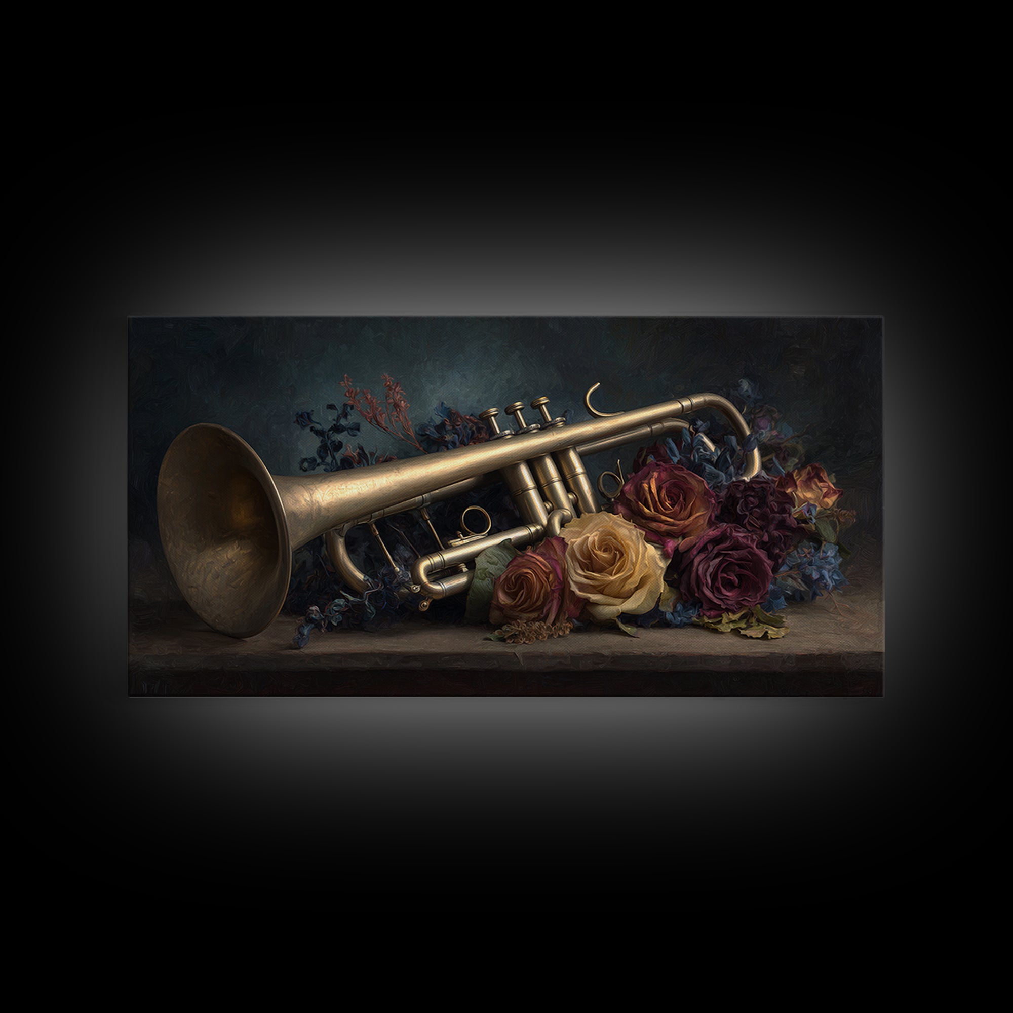 Trumpet and Roses Canvas Print, Music Studio Art, Digital Download Art, Studio Decor, Fine Art, Rhythm, Music Lover Gift, MSA-2x1-76