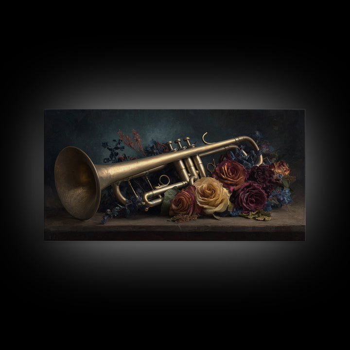 Trumpet and Roses Canvas Print, Music Studio Art, Digital Download Art, Studio Decor, Fine Art, Rhythm, Music Lover Gift, MSA-2x1-76