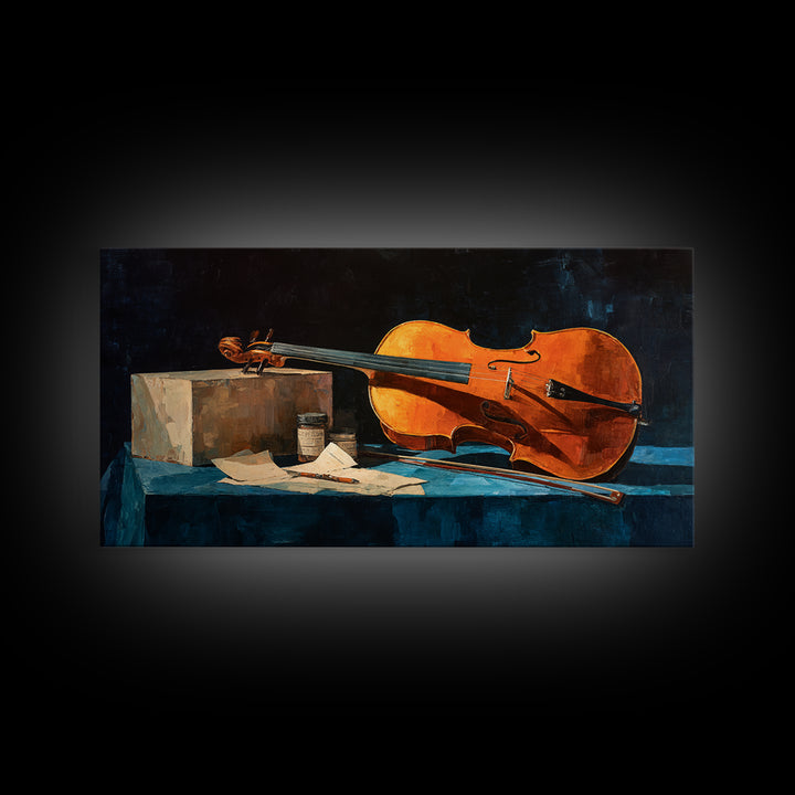 Cello Leaning Against Dark Velvet Backdrop Canvas Print, Music Studio Art, Printable Art, Studio Decor, Oil Painting, Rhythm, MSA-2x1-77
