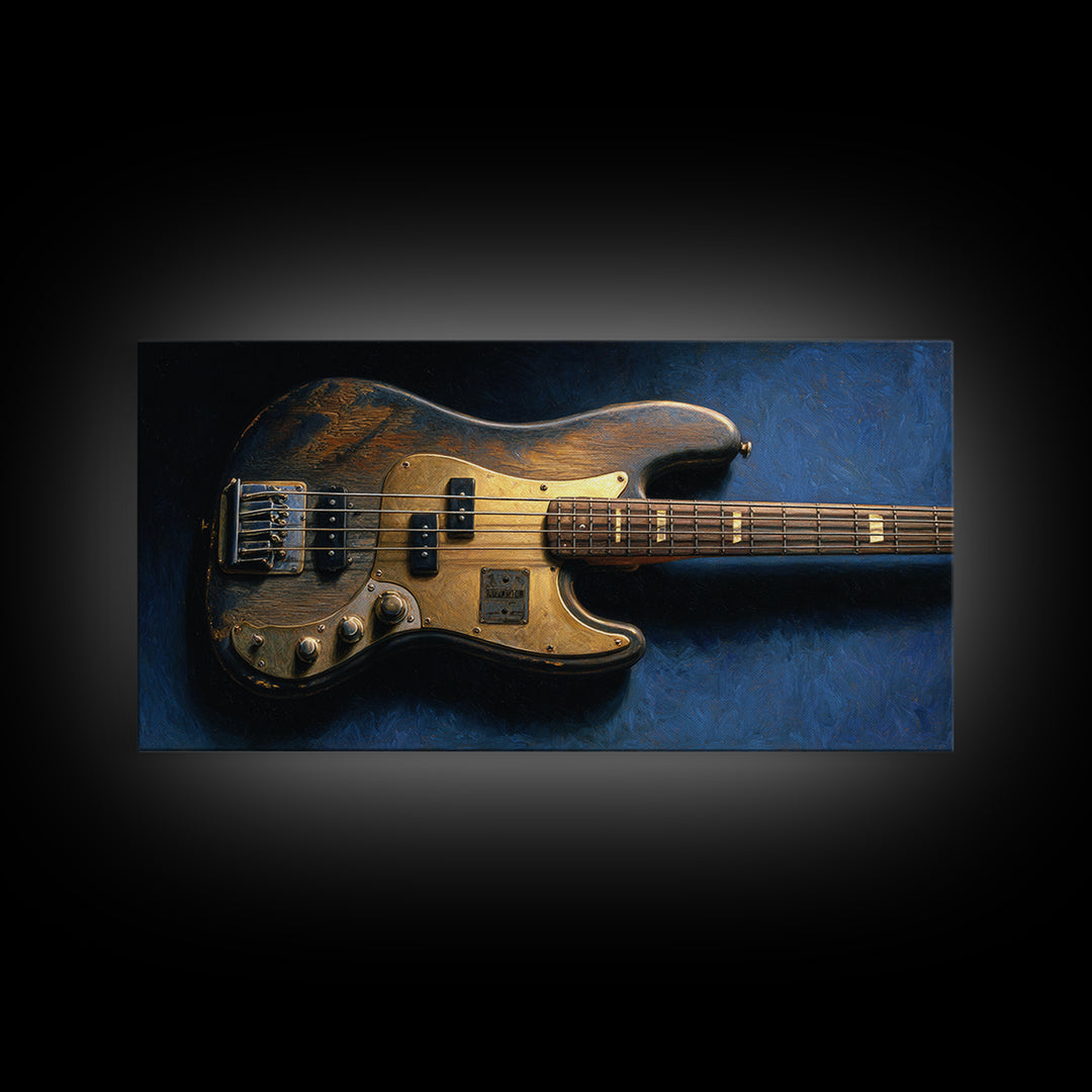 Bass Guitar Closeup Framed Canvas Print, Music Studio Art, Custom Painting, Studio Decor, Watercolor Art, Rhythm, MSA-2x1-81