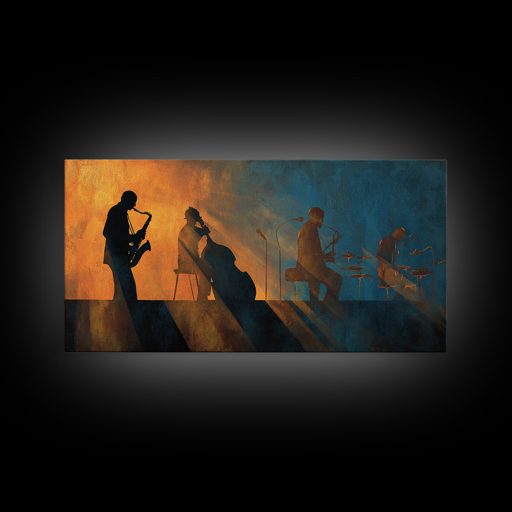 Jazz Quartet Silhouettes Framed Canvas Print, Music Studio Art, Studio Decor, Oil Painting, Rhythm, Wall Art Printable, MSA-2x1-90