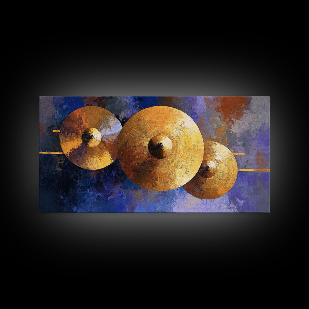 Gold Cymbal Closeup Framed Canvas Print, Music Studio Art, Music Wall Art, Studio Decor, Oil Painting, Rhythm, Teen Room Decor, MSA-2x1-92