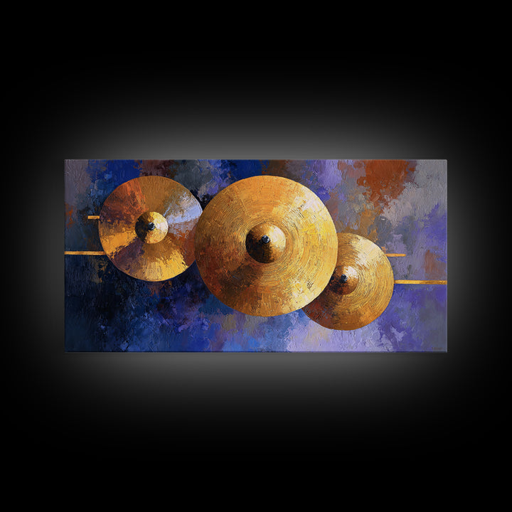 Gold Cymbal Closeup Framed Canvas Print, Music Studio Art, Music Wall Art, Studio Decor, Oil Painting, Rhythm, Teen Room Decor, MSA-2x1-92