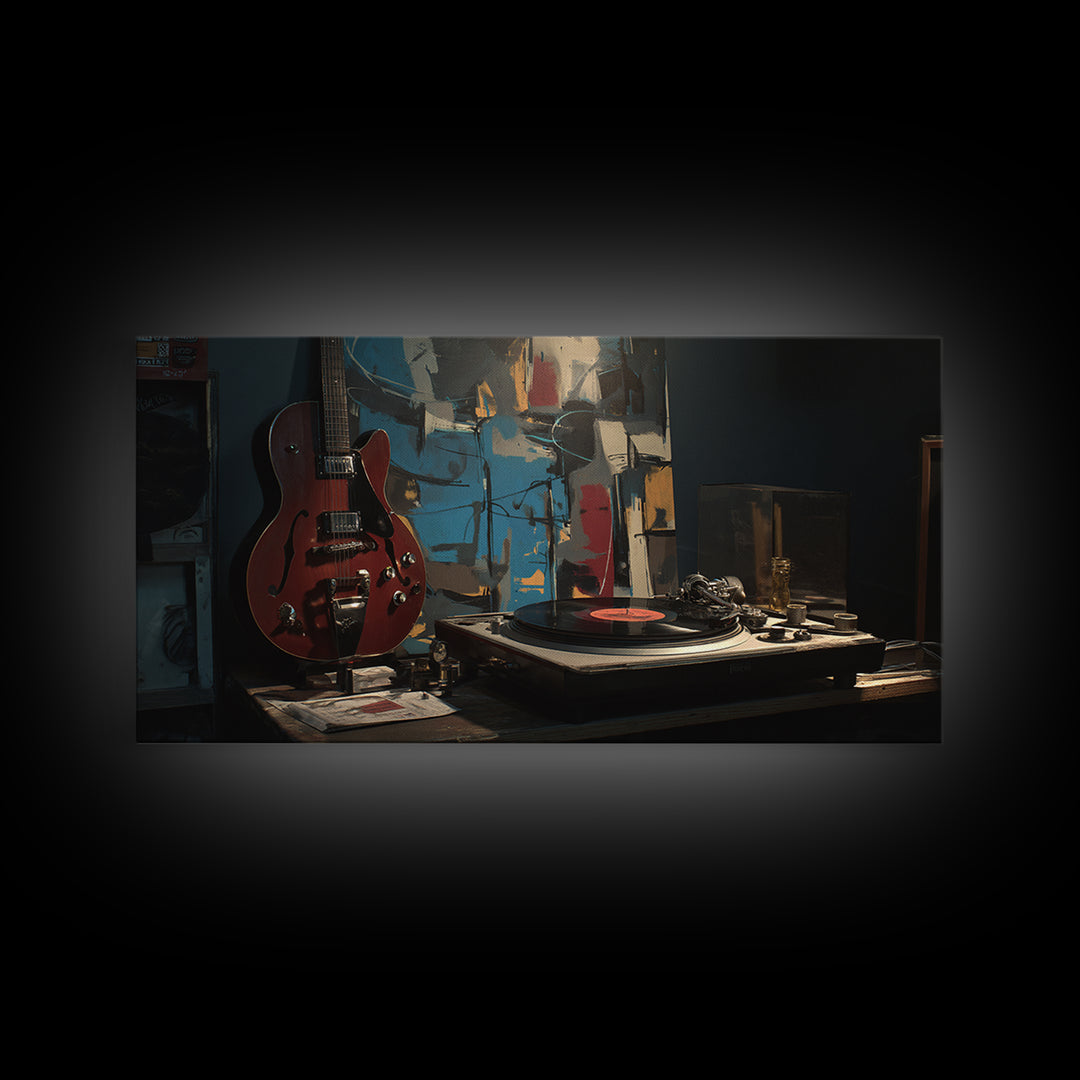 Vinyl Record and Turntable Still Life Framed Canvas Print, Music Studio Art, Gifts for Musicians, Studio Decor, Rhythm, MSA-2x1-95