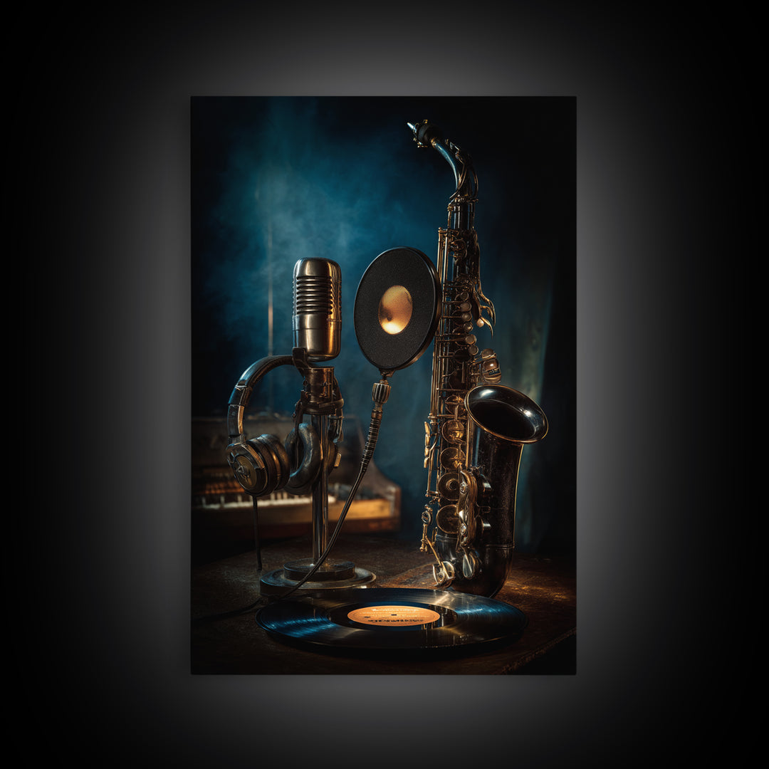 Headphones Around a Glowing Record Framed Canvas Print, Music Studio Art, Neutral Decor, Studio Decor, Fine Art, Rhythm, MSA-2x3-19