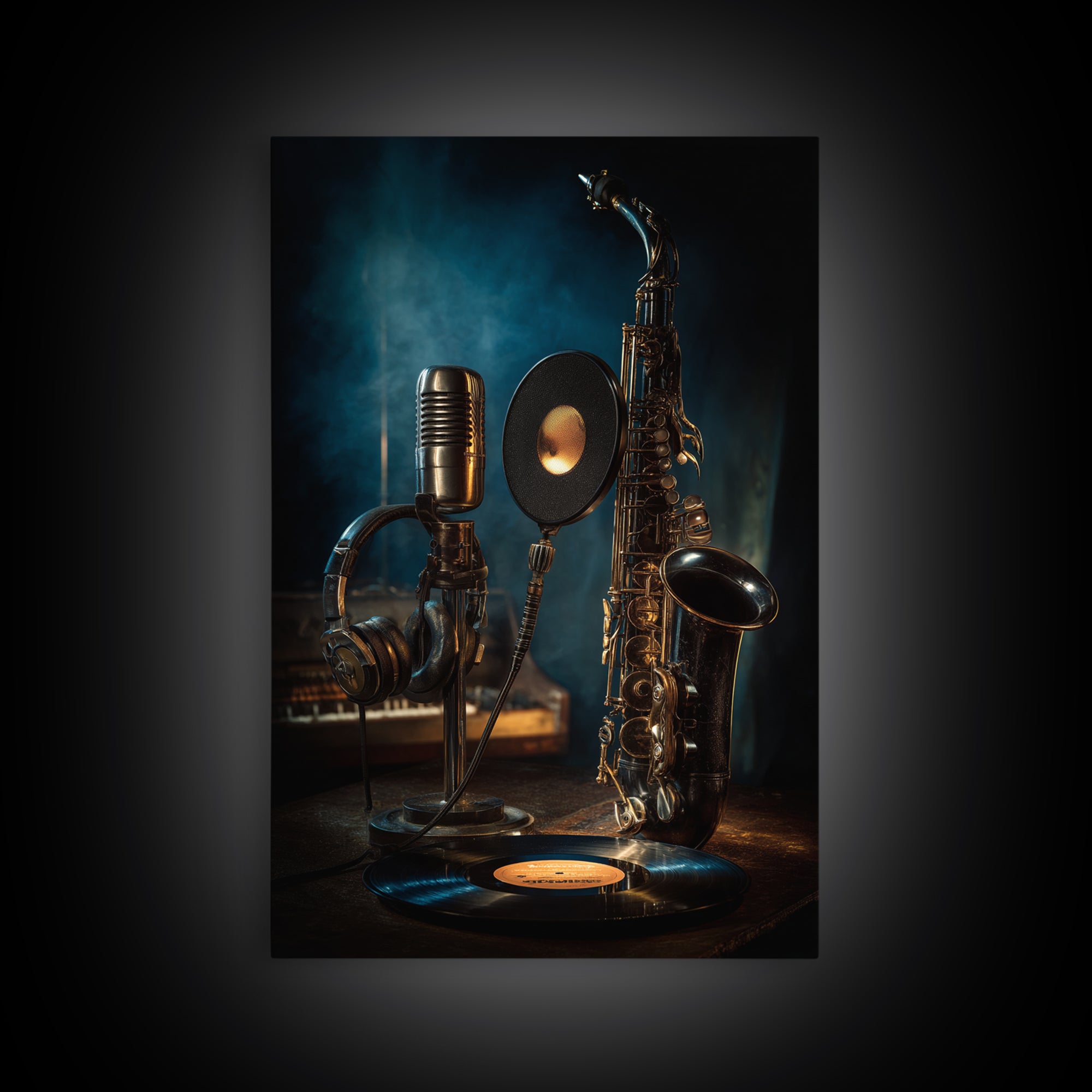 Headphones Around a Glowing Record Framed Canvas Print, Music Studio Art, Neutral Decor, Studio Decor, Fine Art, Rhythm, MSA-2x3-19