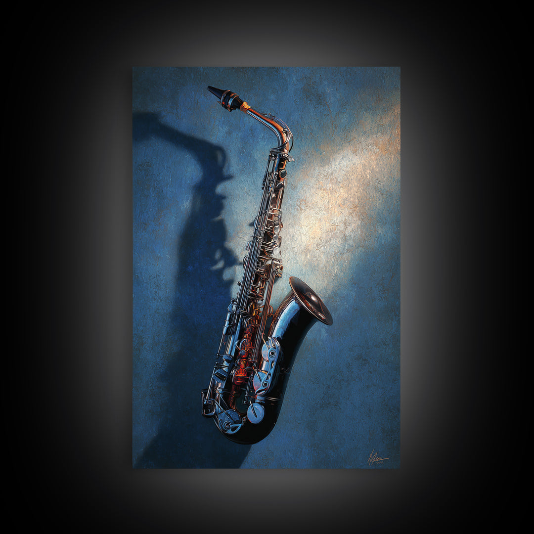 Jazz Saxophone with Smoky Blue Background Framed Canvas Print, Music Studio Art, Contemporary Art, Studio Decor, Rhythm, MSA-2x3-34
