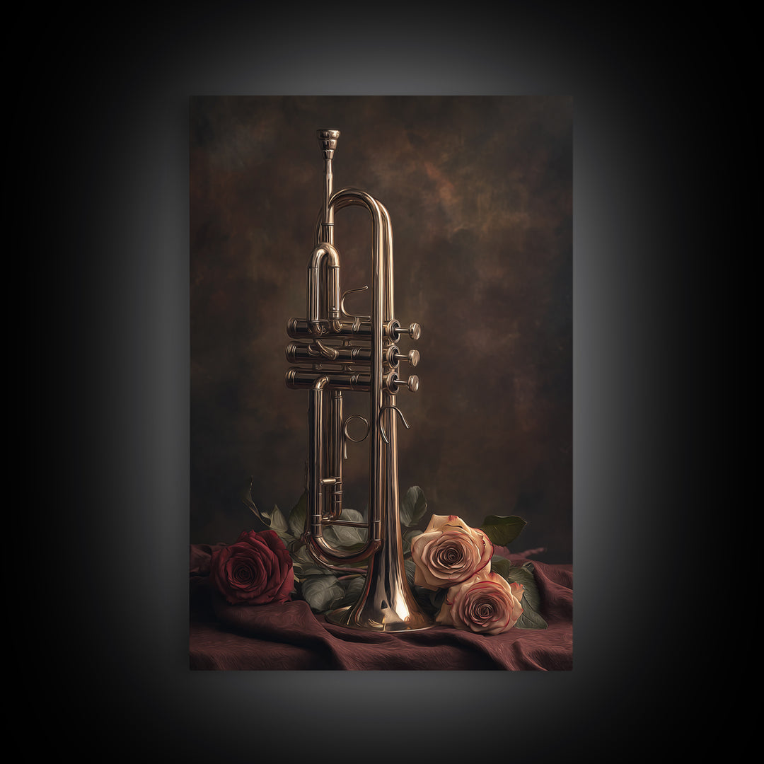 Trumpet and Roses Canvas Print, Music Studio Art, Fine Art Print, Studio Decor, Fine Art, Rhythm, Wall Decor, MSA-2x3-40