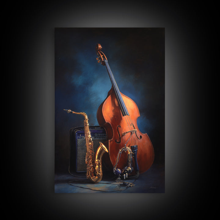 Cello Leaning Against Dark Velvet Backdrop Framed Canvas Print, Music Studio Art, Studio Decor, Abstract Art, Rhythm, MSA-2x3-41