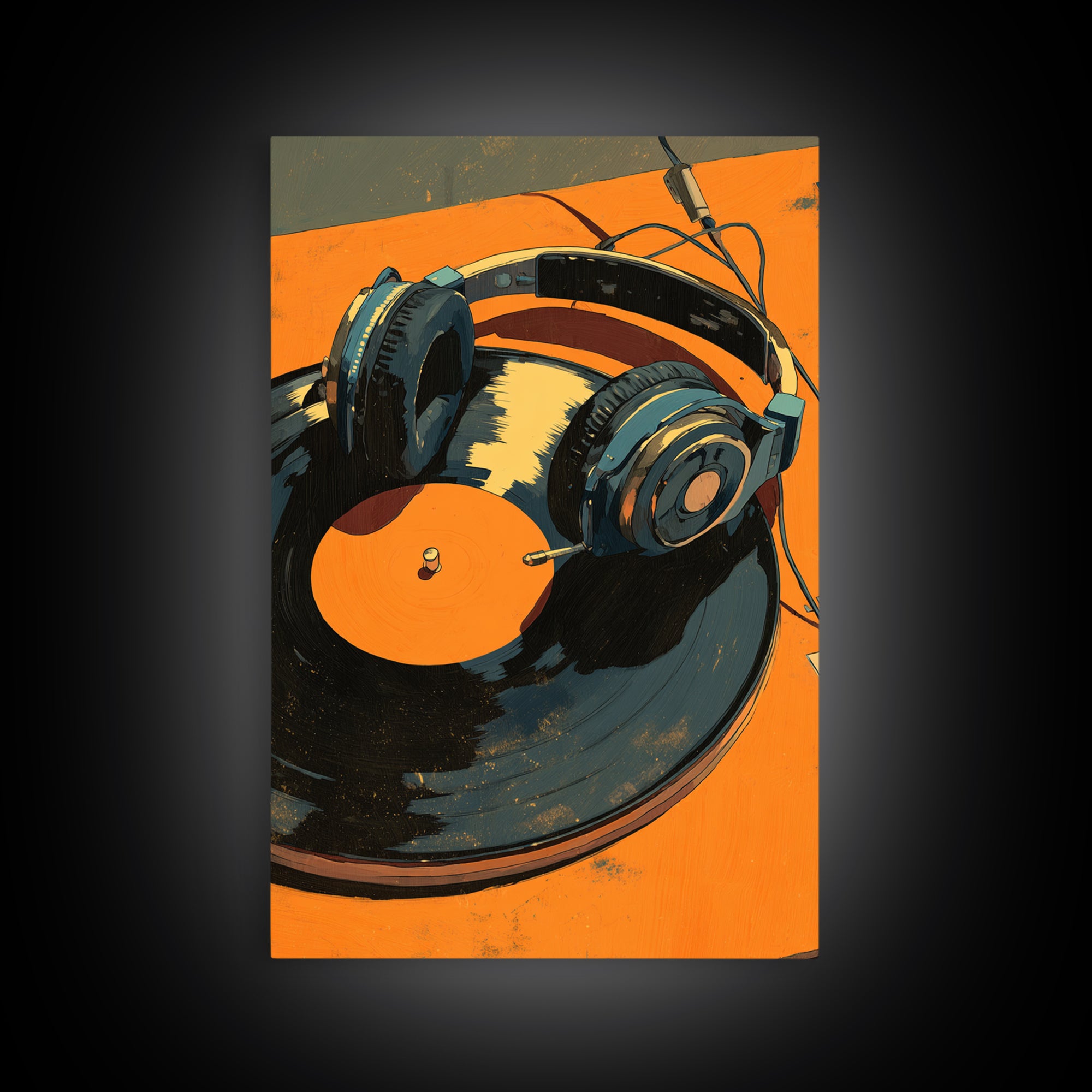 Headphones Around a Glowing Record Framed Canvas Print, Music Studio Art, Contemporary Art, Studio Decor, Fine Art, Rhythm, MSA-2x3-43