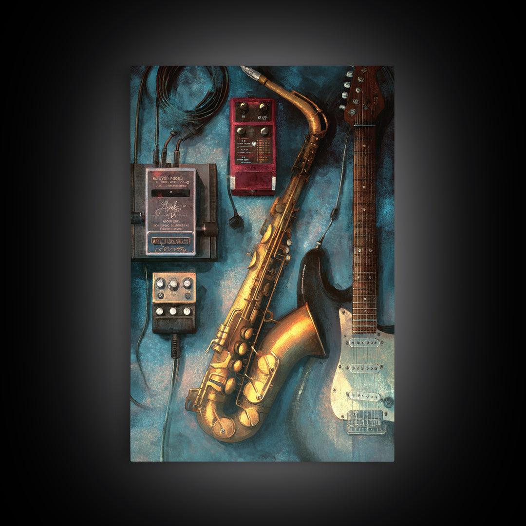 Electric Guitar Pedals and Cables Graphic Art Canvas Print, Music Studio Art, Digital Wall Art, Studio Decor, Rhythm, MSA-2x3-53