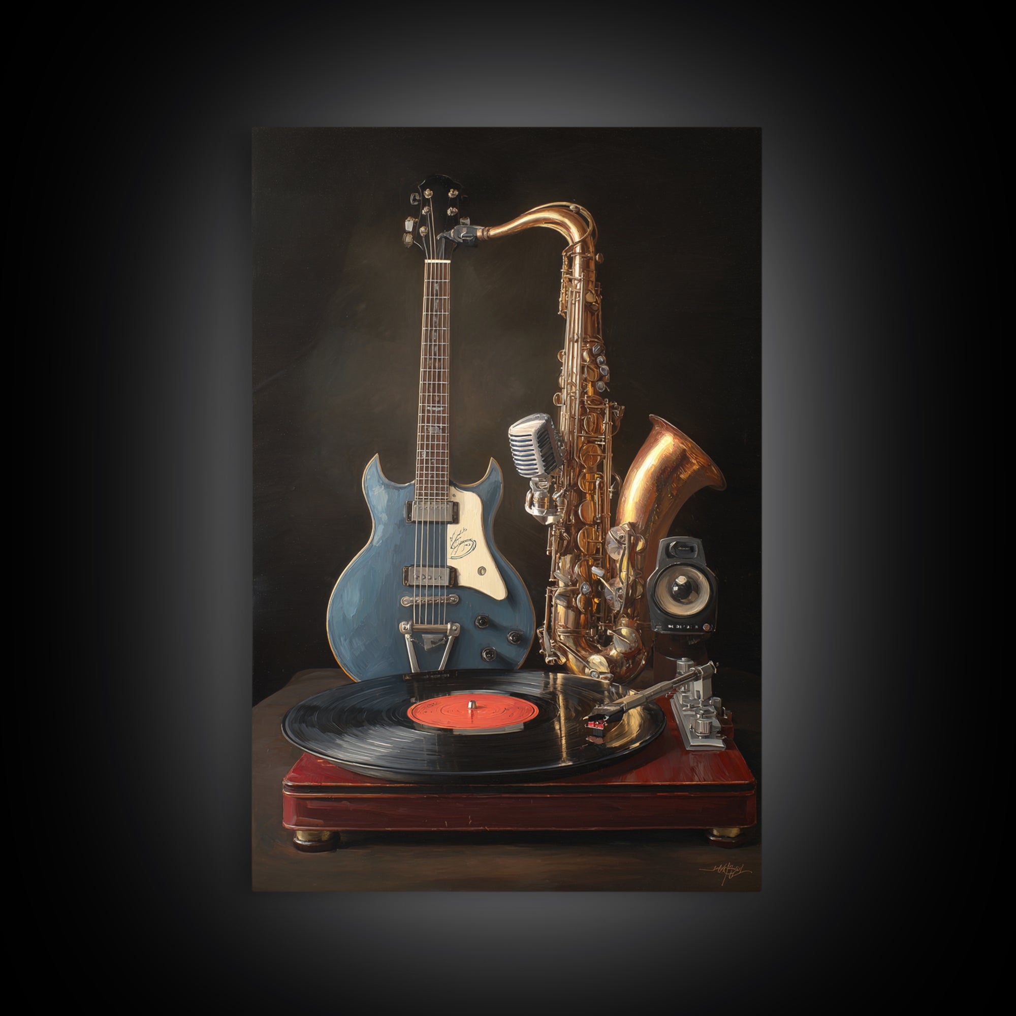 Vinyl Record and Turntable Still Life Framed Canvas Print, Music Studio Art, Music, Studio Decor, Oil Painting, Rhythm, MSA-2x3-59