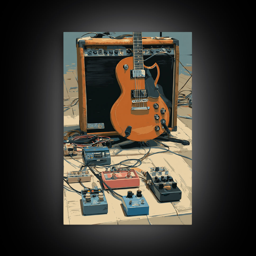 Electric Guitar Pedals and Cables Graphic Art Canvas Print, Music Studio Art, Trendy Wall Art, Studio Decor, Fine Art, Rhythm, MSA-2x3-77