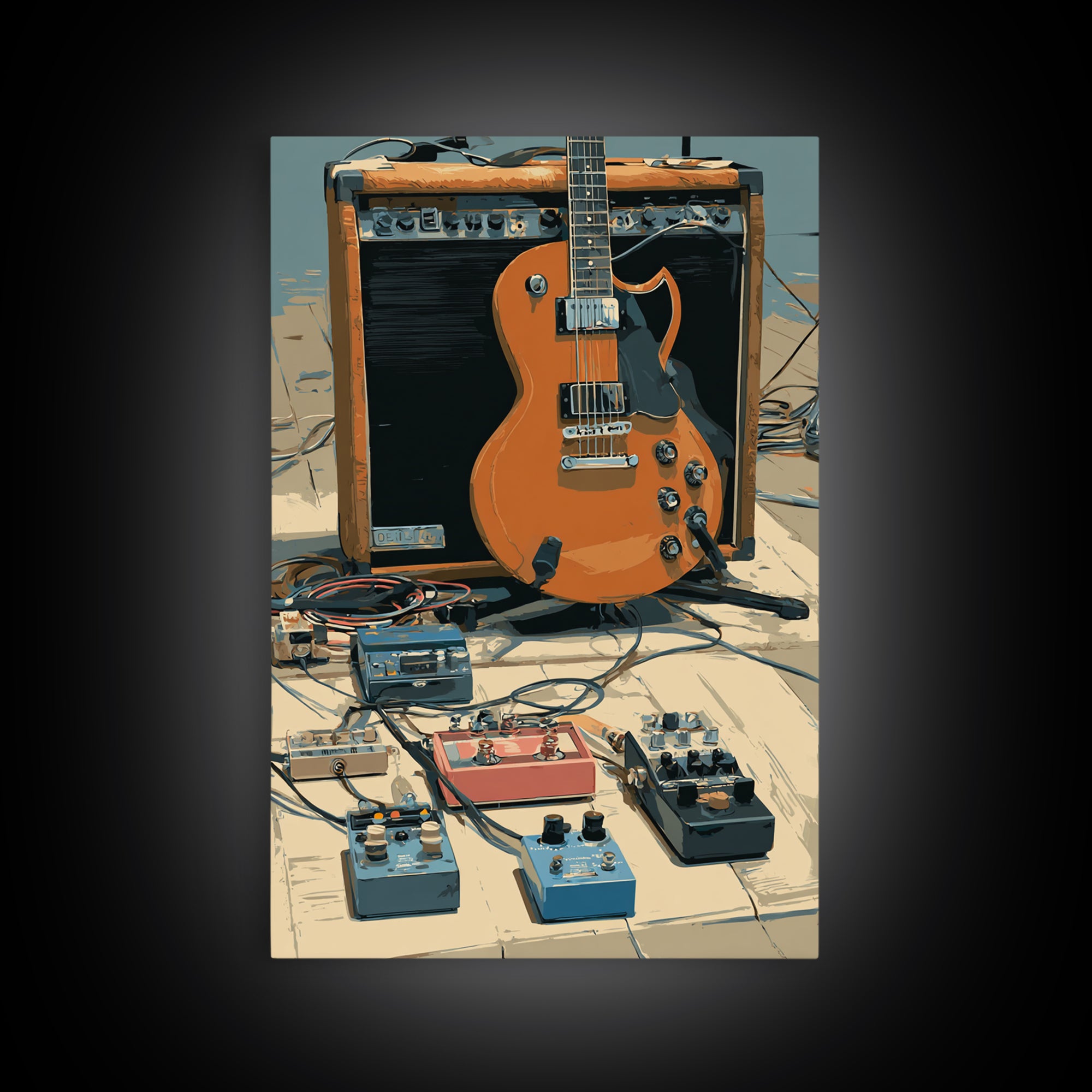 Electric Guitar Pedals and Cables Graphic Art Canvas Print, Music Studio Art, Trendy Wall Art, Studio Decor, Fine Art, Rhythm, MSA-2x3-77