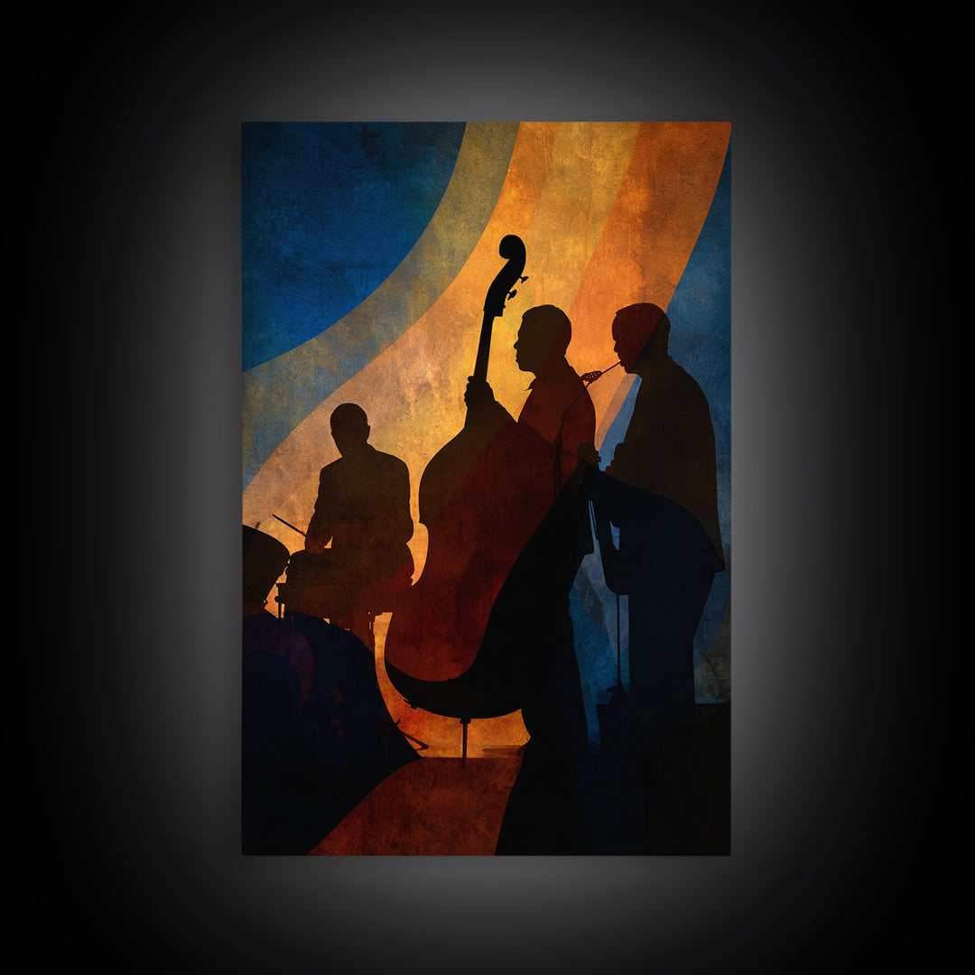Jazz Quartet Silhouettes Framed Canvas Print, Music Studio Art, Printable Wall Art, Studio Decor, Rhythm, Painting from Photo, MSA-2x3-78
