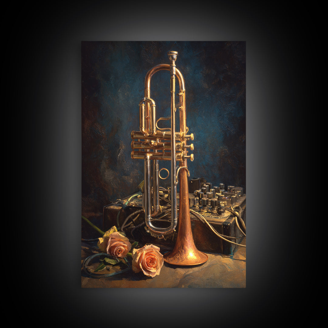 Trumpet and Roses Framed Canvas Print, Music Studio Art, Digital Wall Art, Studio Decor, Fine Art, Rhythm, Commission Painting, MSA-2x3-88