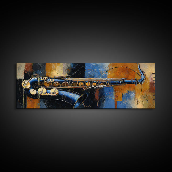 Jazz Saxophone with Smoky Blue Background Framed Canvas Print, Music Studio Art, Custom Painting, Studio Decor, Rhythm, MSA-3x1-18
