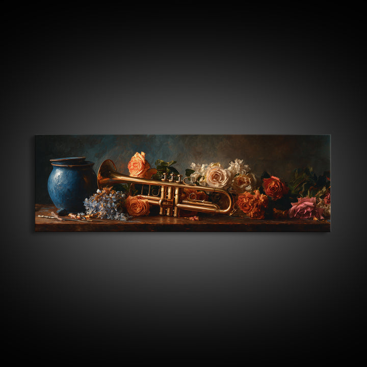 Trumpet and Roses Canvas Print, Music Studio Art, Music Gift, Studio Decor, Fine Art, Rhythm, Room Decor, Textured Painting, MSA-3x1-24