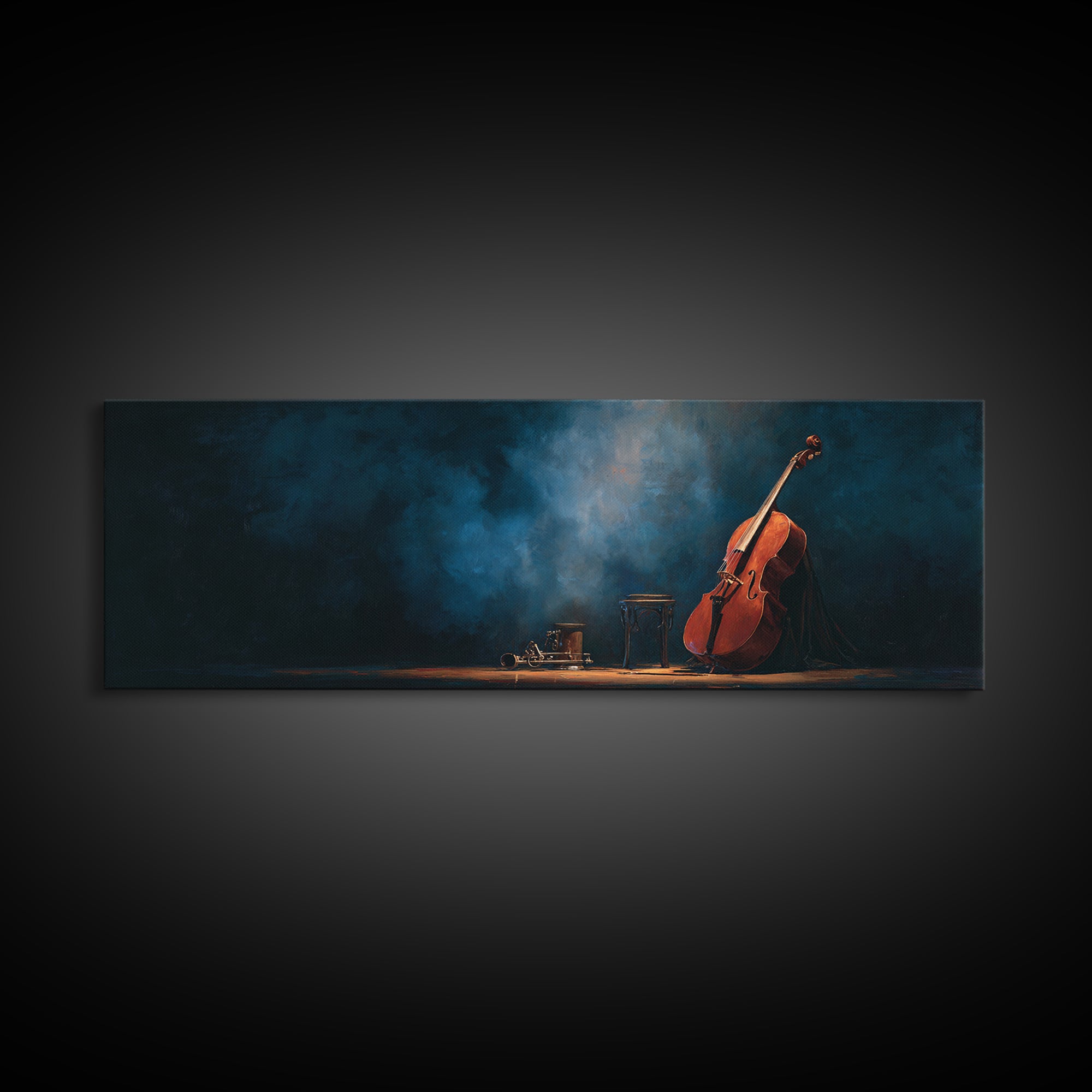 Cello Leaning Against Dark Velvet Backdrop Canvas Print, Music Studio Art, Commission Painting, Studio Decor, Abstract Art, MSA-3x1-25