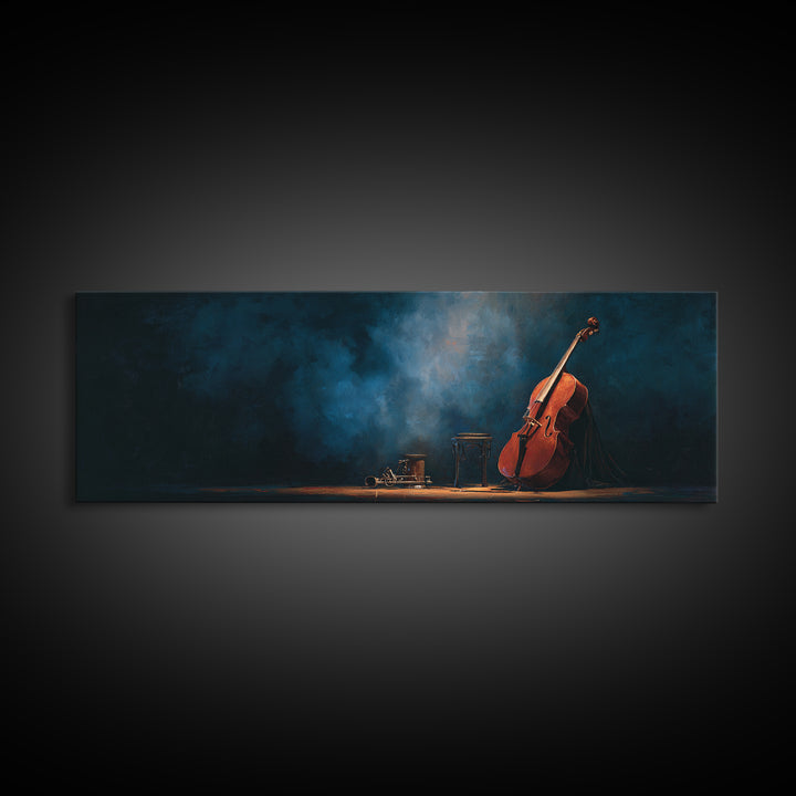 Cello Leaning Against Dark Velvet Backdrop Canvas Print, Music Studio Art, Commission Painting, Studio Decor, Abstract Art, MSA-3x1-25